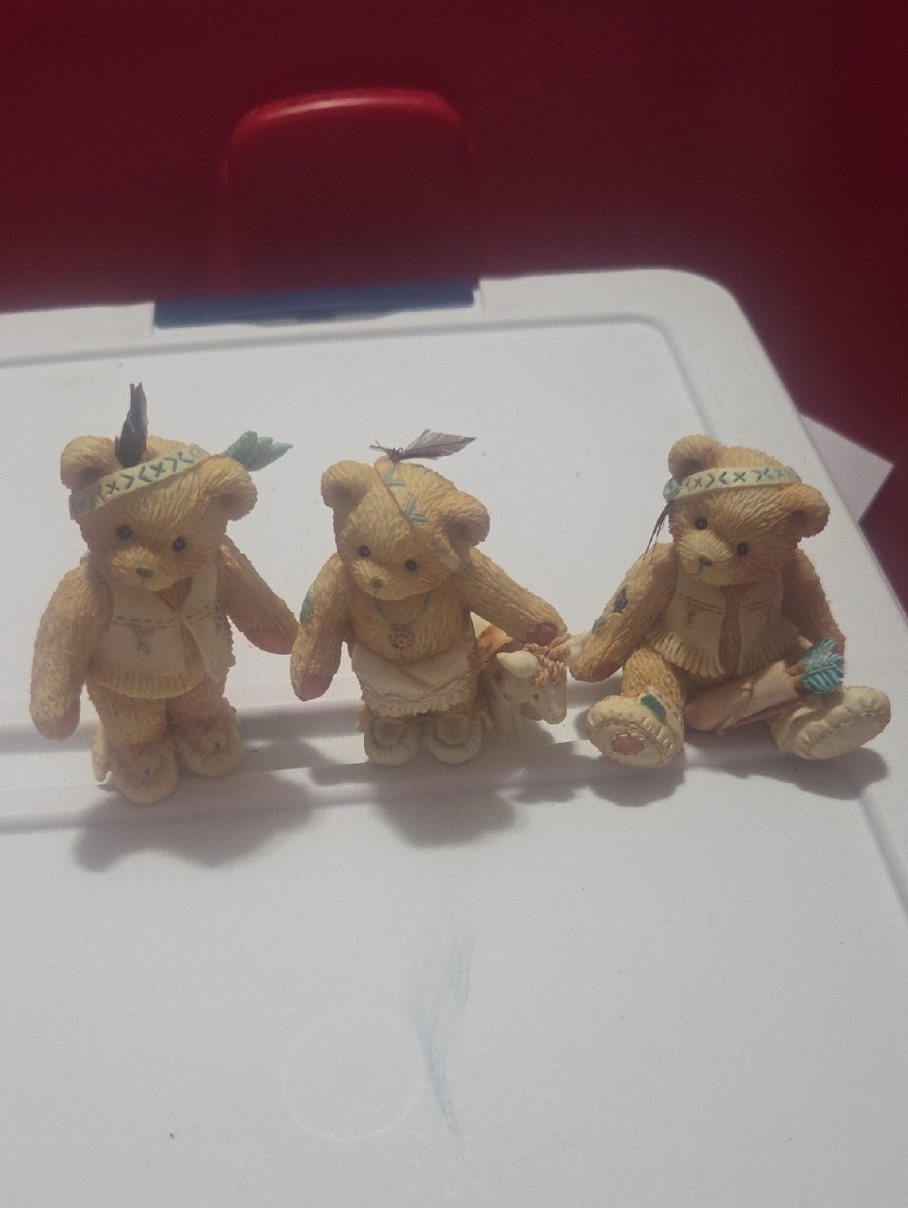 Cherished Teddies Beige Bear Trio with Feathered Headbands